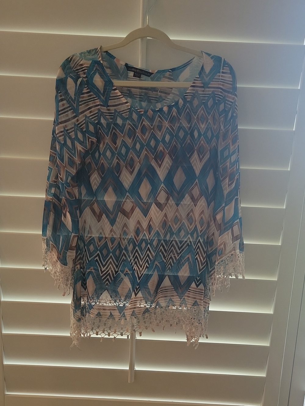 Cool Girl Mushka By Sienna Rose,inc Blue Geometric Lace-Hem Boho Tunic Top
